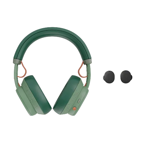 A pair of green modular Fairphone headphones with earbuds placed beside the headset.