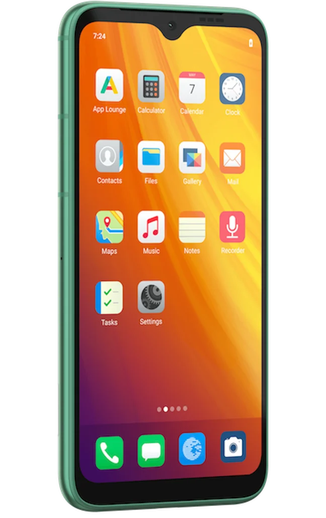 Fairphone 4 Murena Green - Angled view showcasing the front display with vibrant apps and clean design