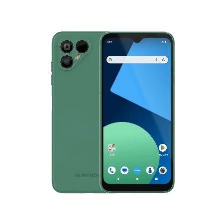 Fairphone 4 in plain green, displayed from the front showing the screen and user interface