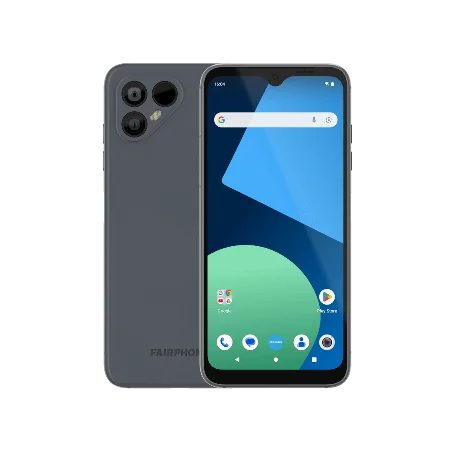 Fairphone 4 with a sleek gray back cover, showing its dual-camera system and minimalist design