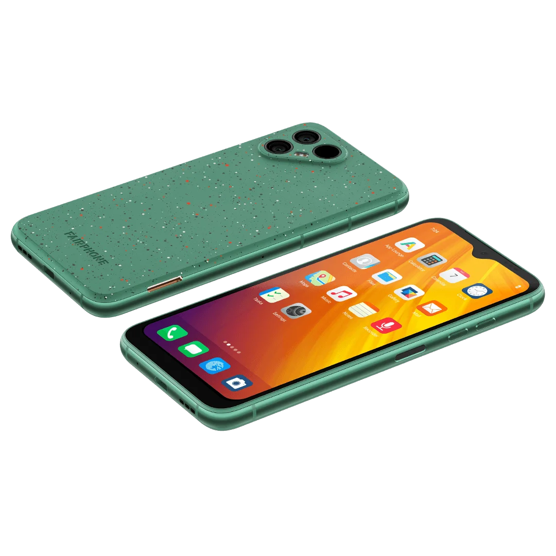 Back view of a green speckled Fairphone with a triple camera setup