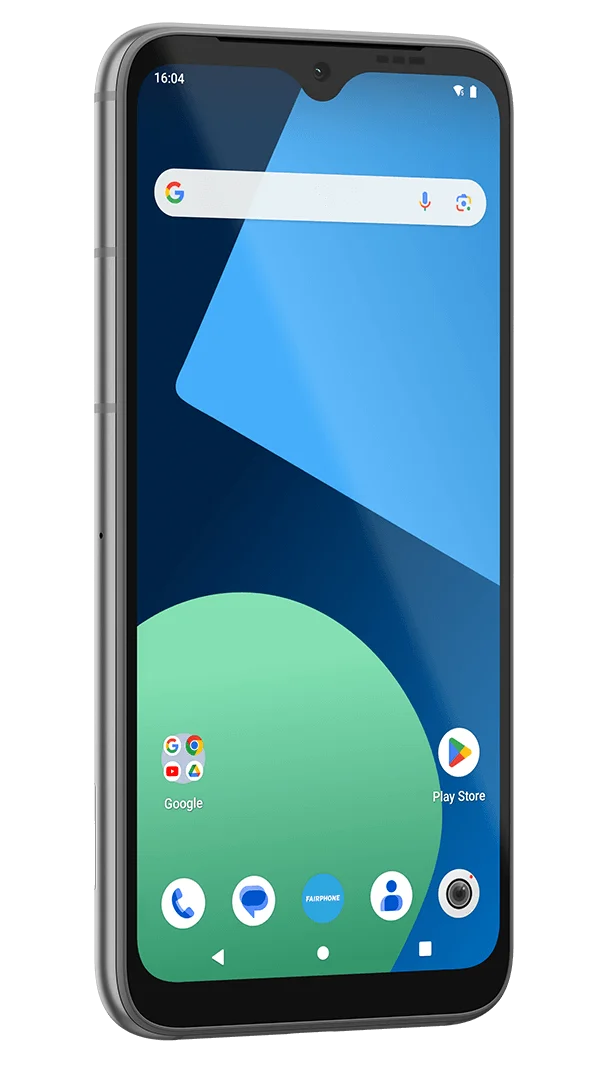 Green Fairphone with a large display, showcasing a dynamic user interface with colorful app icons