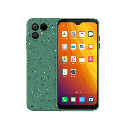 Fairphone 4 smartphone in Murena green, angled front view with bright app icons on display, against a geometric background.